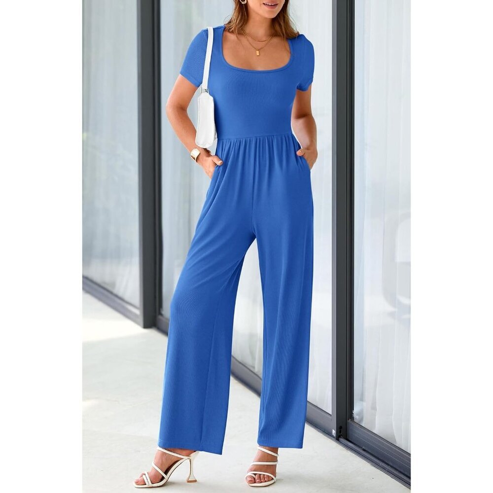 Women's Blue Summer Short Sleeve Square Neck Wide Leg Rompers Jumpsuits - Picture 6 of 8